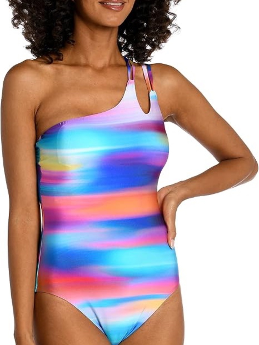 La Blanca Multicolor One-Shoulder Striped Swim One-Piece in Blue, Pink & Orange